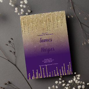 Invitación Boda de escritura de orina morada purpurina de oro