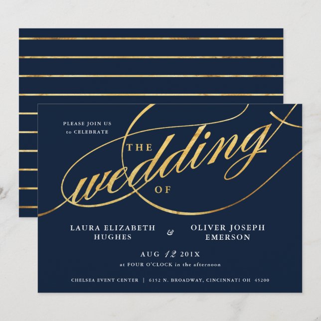 Invitación Boda de escritura de oro y marina moderna única (Anverso / Reverso)