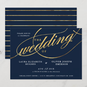 Invitación Boda de escritura de oro y marina moderna única