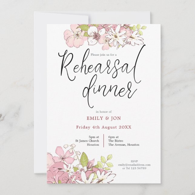 Invitación Boda de escritura de Pastel Florals Ensayo Cena (Anverso)