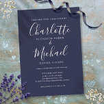Invitación Boda de escritura de señalización con elegancia az<br><div class="desc">Elegante invitación de boda con firma azul marino con nombres de estilo de firma,  esta elegante invitación de boda puede ser personalizada con su información en letras blancas de moda. Diseñado por Thisisnotme©</div>
