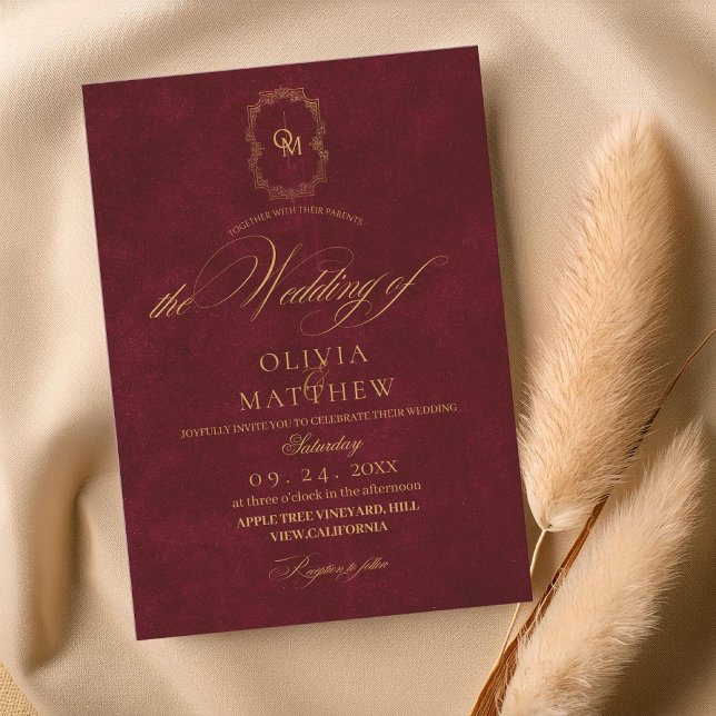 Invitación Boda de escritura de terciopelo de Borgoña (Subido por el creador)