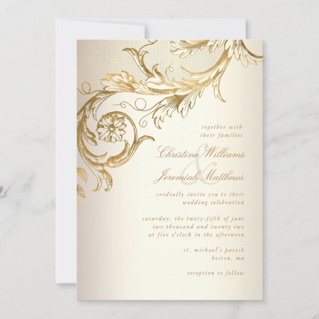 Invitación Boda de escritura elegante de damasquinados floral (Anverso)