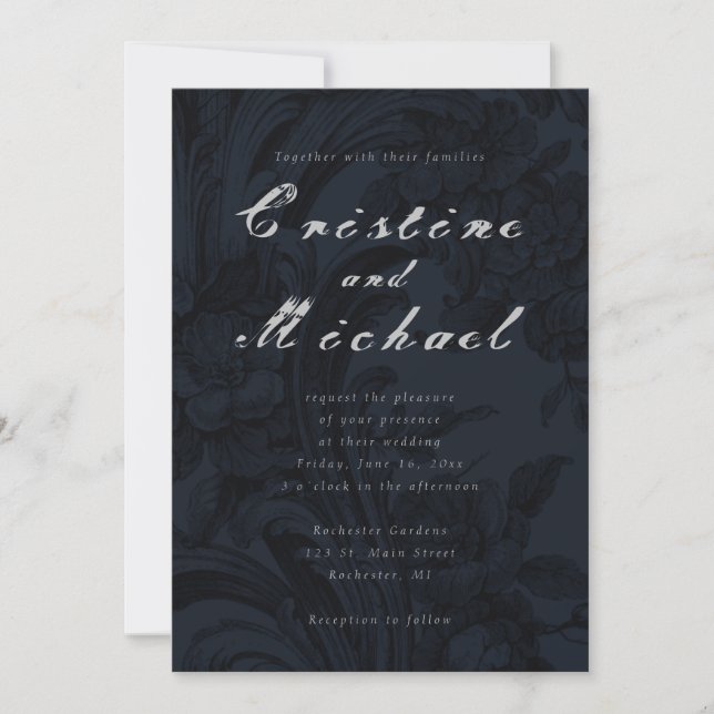 Invitación Boda de escritura elegante ornamental oscuro (Anverso)