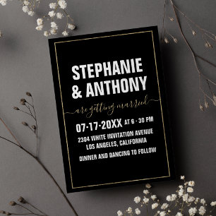 Invitación Boda de escritura en negrita de oro blanco negro