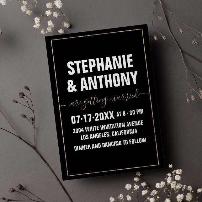 Invitación Boda de escritura en negrita de oro blanco negro (Black white gold bold script typography wedding)