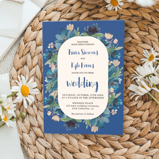 Invitación Boda de escritura floral azul Boho moderno (Modern Boho blue floral arch script wedding Invitation)