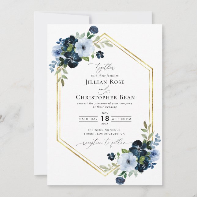 Invitación boda de escritura floral azul claro y marina (Anverso)