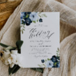 Invitación Boda de escritura floral azul claro y naval<br><div class="desc">acuarela azul marino y flores azul claro con marco dorado y texto elegante. Los colores y el texto se pueden personalizar.</div>