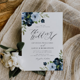 Invitación Boda de escritura floral azul claro y naval