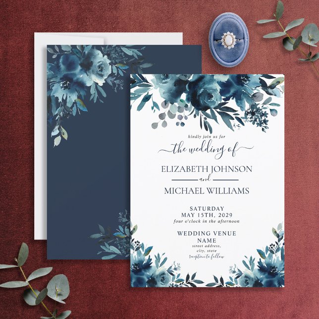 Invitación Boda de escritura floral azul de la marina rusa (Subido por el creador)