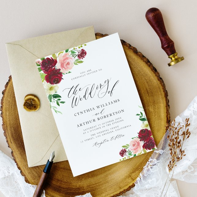 Invitación boda de escritura floral borgoñosa y rubia (Subido por el creador)