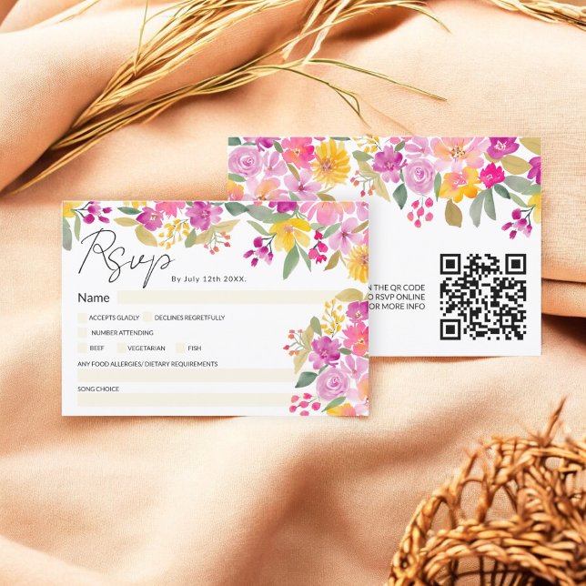 Invitación Boda de escritura floral de acuarela vibrante QR R (Vibrant Watercolor Floral Script Wedding QR RSVP Invitation)