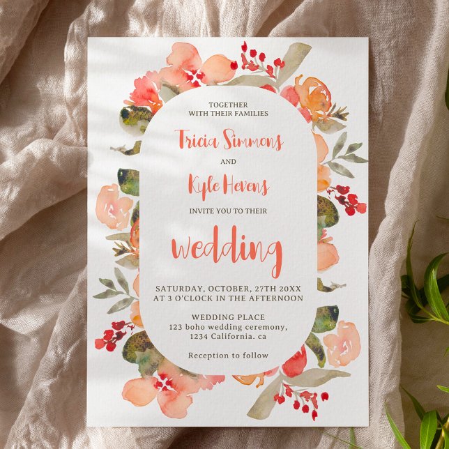Invitación Boda de escritura floral de barro otoño de terraco (Modern Boho fall terracotta floral script wedding Invitation)