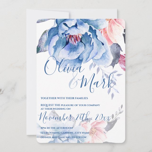 Invitación Boda de escritura floral de color azul (Anverso)