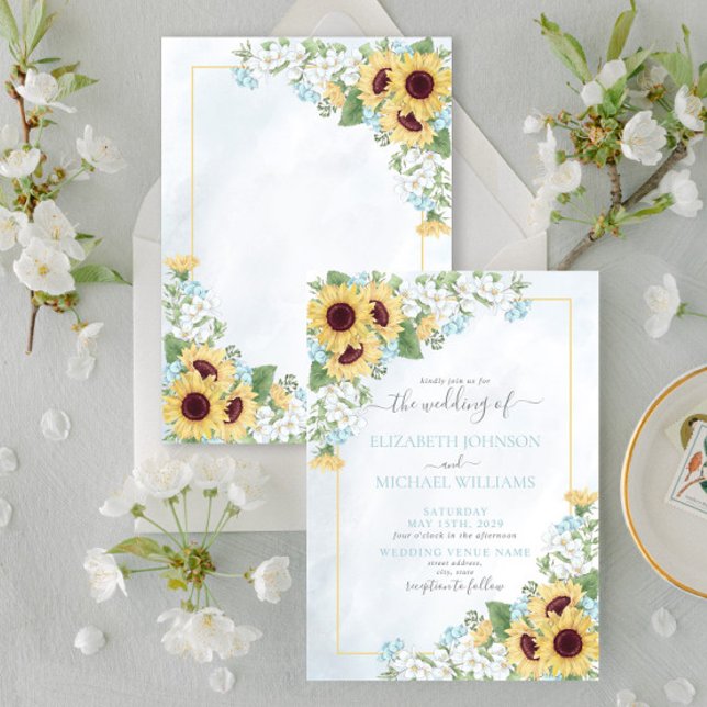 Invitación Boda de escritura floral de girasol azul agitado (Subido por el creador)
