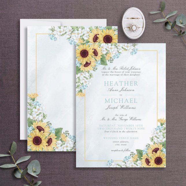 Invitación Boda de escritura floral de girasol azul turquesa  (Subido por el creador)