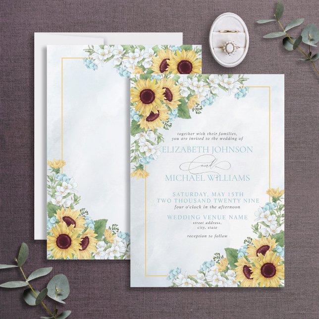 Invitación Boda de escritura floral de girasol azul turquesa  (Subido por el creador)