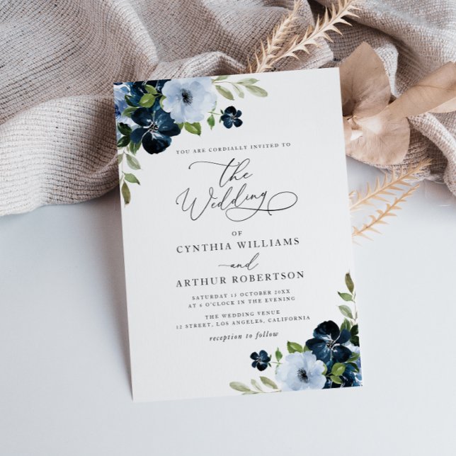 Invitación Boda de escritura floral de moda y azul claro (Subido por el creador)