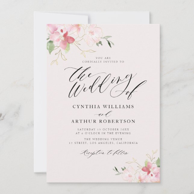Invitación boda de escritura floral gris y rubor (Anverso)