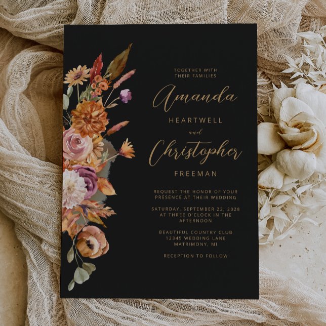 Invitación Boda de escritura floral oscuro de otoño (Subido por el creador)