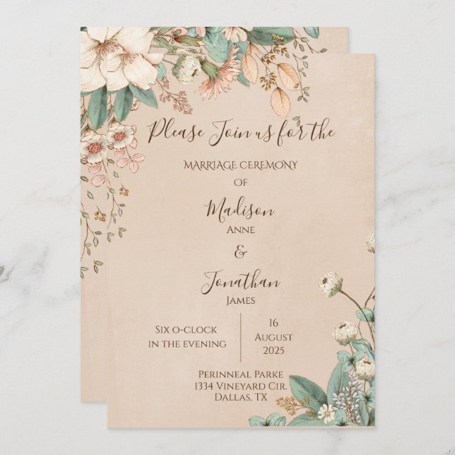 Invitación Boda de escritura floral romántica dibujada a mano (Anverso / Reverso)