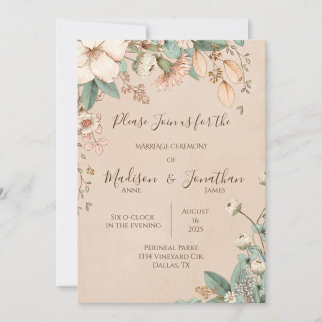Invitación Boda de escritura floral romántica dibujada a mano (Anverso)
