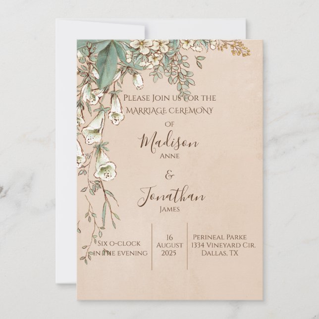 Invitación Boda de escritura floral romántica dibujada a mano (Anverso)