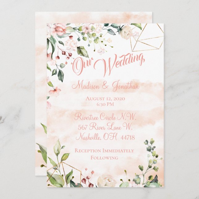 Invitación Boda de escritura floral rosa bonito (Anverso / Reverso)