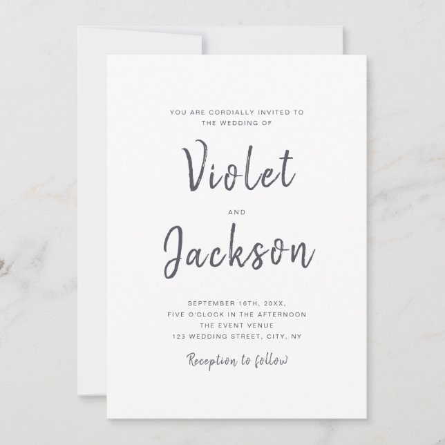Invitación Boda de escritura manuscrita minimalista en blanco (Anverso)