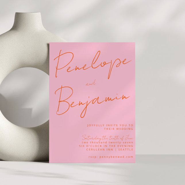 Invitación Boda de escritura manuscrita moderna Naranja rosa (Subido por el creador)