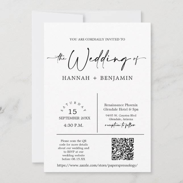 Invitación Boda de escritura mínima moderna Arco de código QR (Anverso)