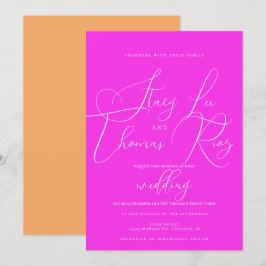 Invitación Boda de escritura moderna brillante rosa naranja b