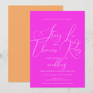Invitación Boda de escritura moderna brillante rosa naranja b