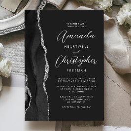 Invitación Boda de escritura moderna con ágata plateada negra