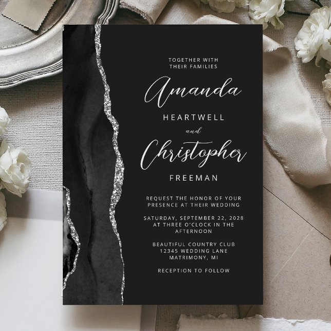 Invitación Boda de escritura moderna de Black Silver Agate (Subido por el creador)