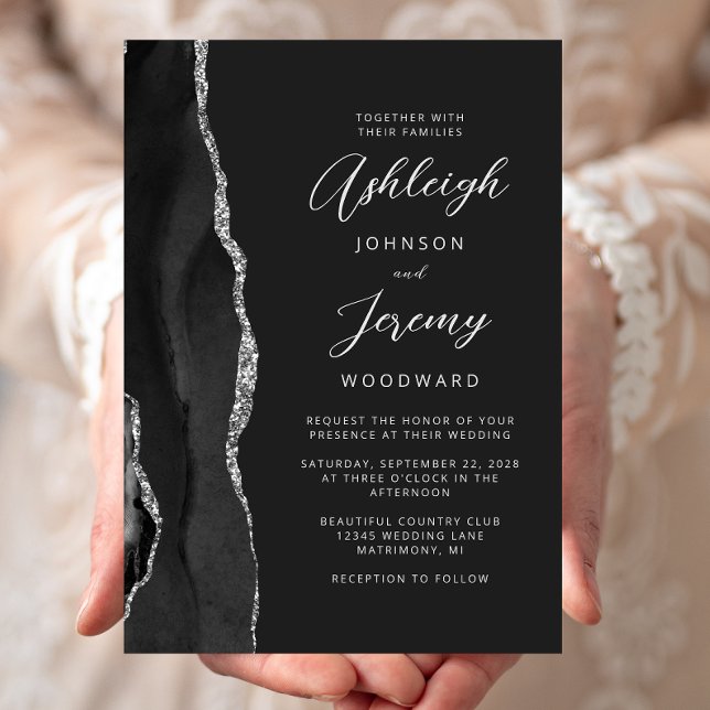 Invitación Boda de escritura moderna de Black Silver Agate (Subido por el creador)