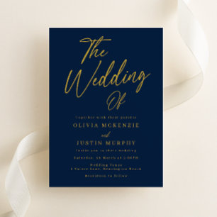 Invitación Boda de escritura moderna de marina y oro