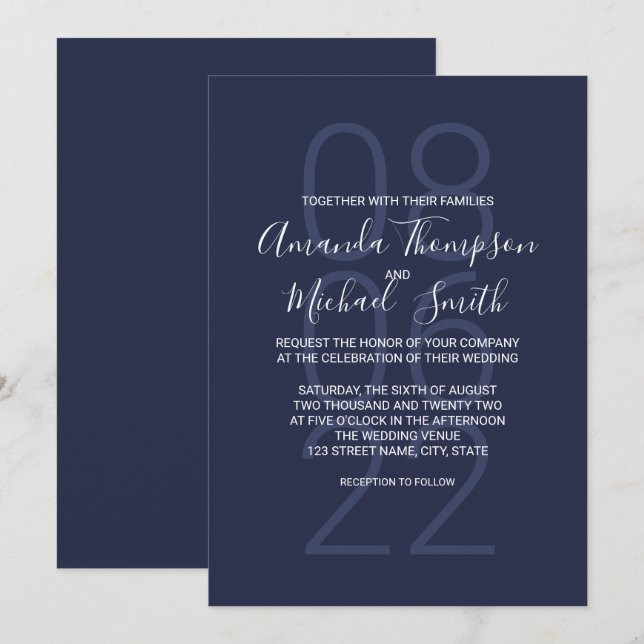 Invitación Boda de escritura moderna de Navy Blue (Anverso / Reverso)