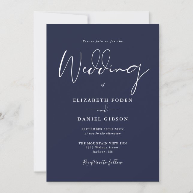 Invitación Boda de escritura moderna de Navy Blue Elegant (Anverso)