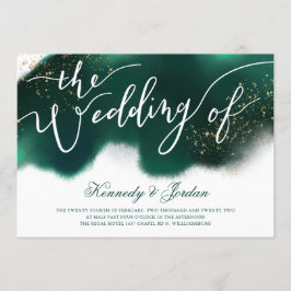 Invitación Boda de escritura moderna de oro verde esmeralda