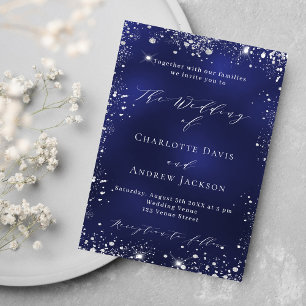 Invitación Boda de escritura moderna de plata azul marino