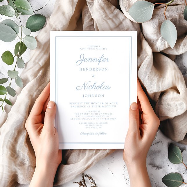 Invitación Boda de Escritura Moderna Elegante Azul Polvo (Elegant Formal Blue Wedding Invitation)