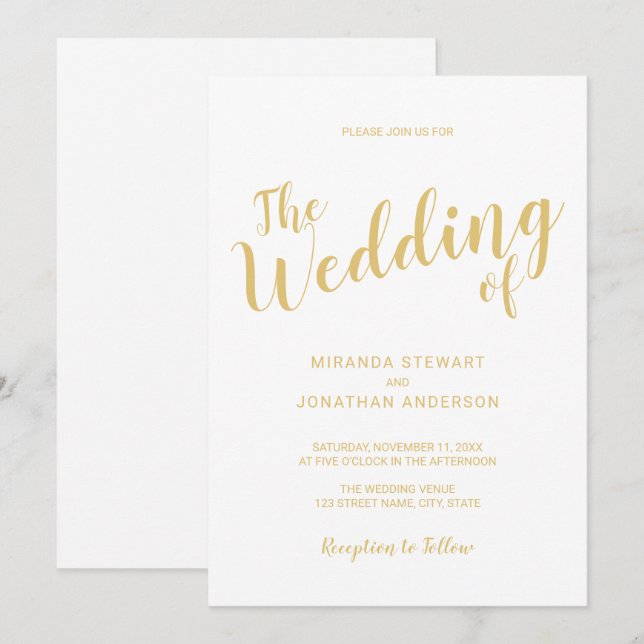 Invitación Boda de escritura moderna en blanco y oro (Anverso / Reverso)
