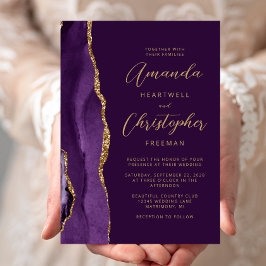 Invitación Boda de escritura moderna en oro y ágata púrpura