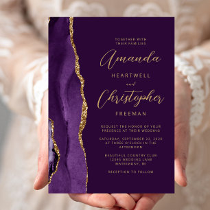 Invitación Boda de escritura moderna en oro y ágata púrpura