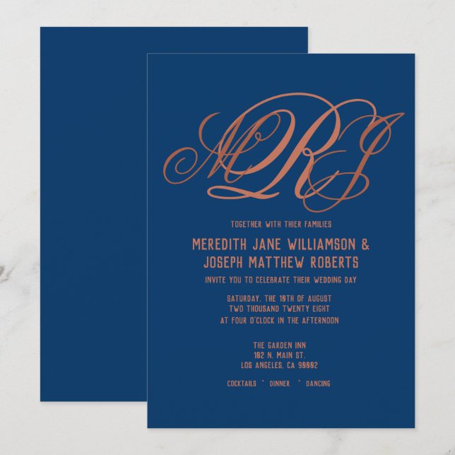 Invitación Boda de escritura monograma elegante de cobre azul (Anverso / Reverso)