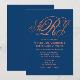 Invitación Boda de escritura monograma elegante de cobre azul