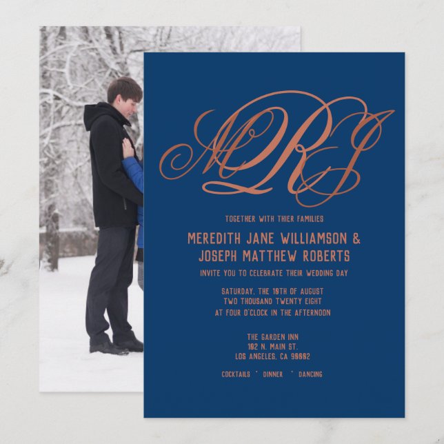 Invitación Boda de escritura monograma elegante de cobre azul (Anverso / Reverso)