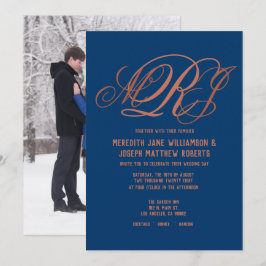 Invitación Boda de escritura monograma elegante de cobre azul